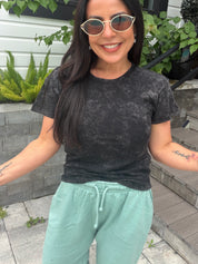 Ultra Soft Black Acid Wash Short Sleeve Top