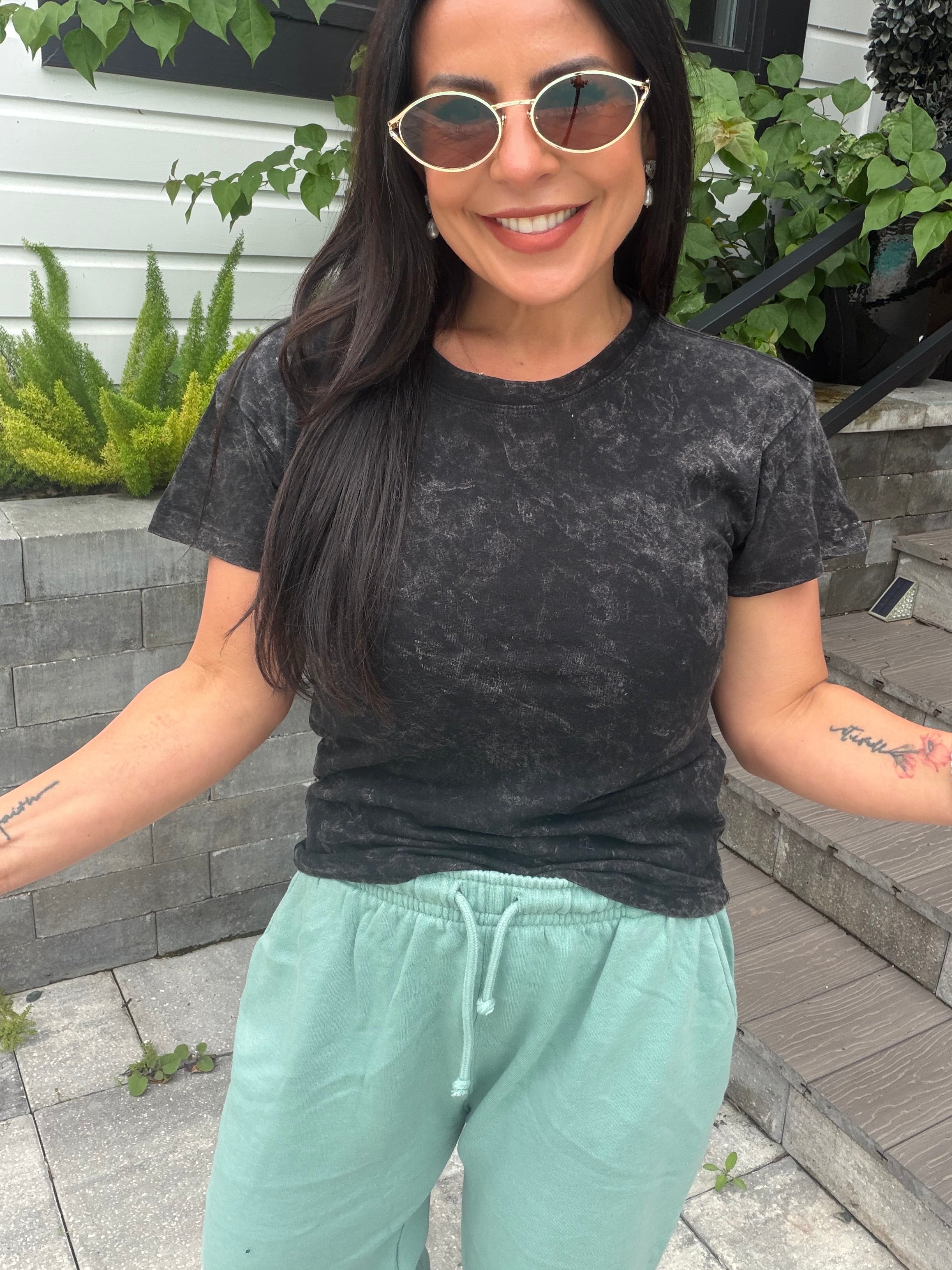 Ultra Soft Black Acid Wash Short Sleeve Top