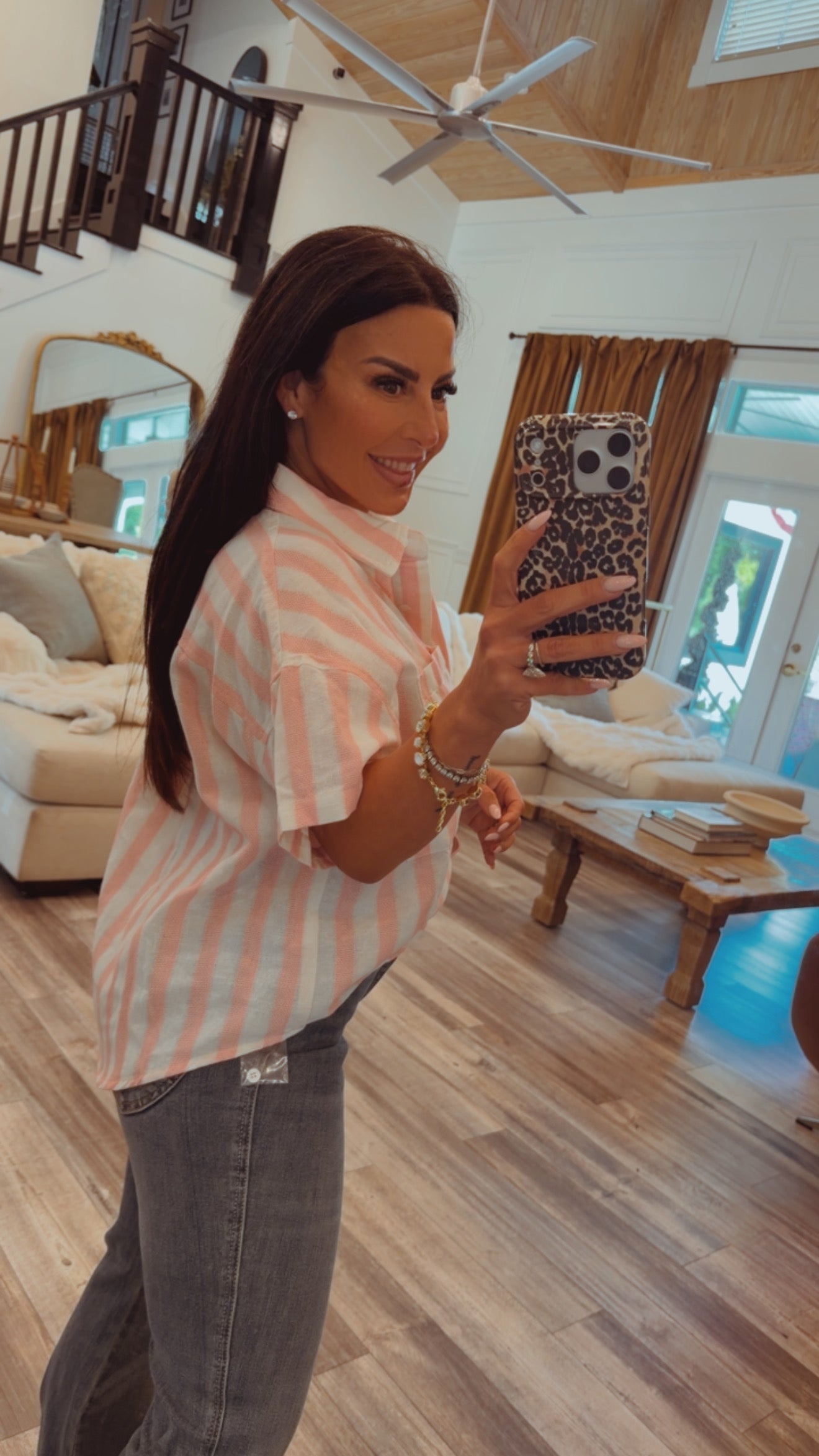 Pink and White Striped Button Up Top