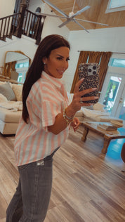 Pink and White Striped Button Up Top