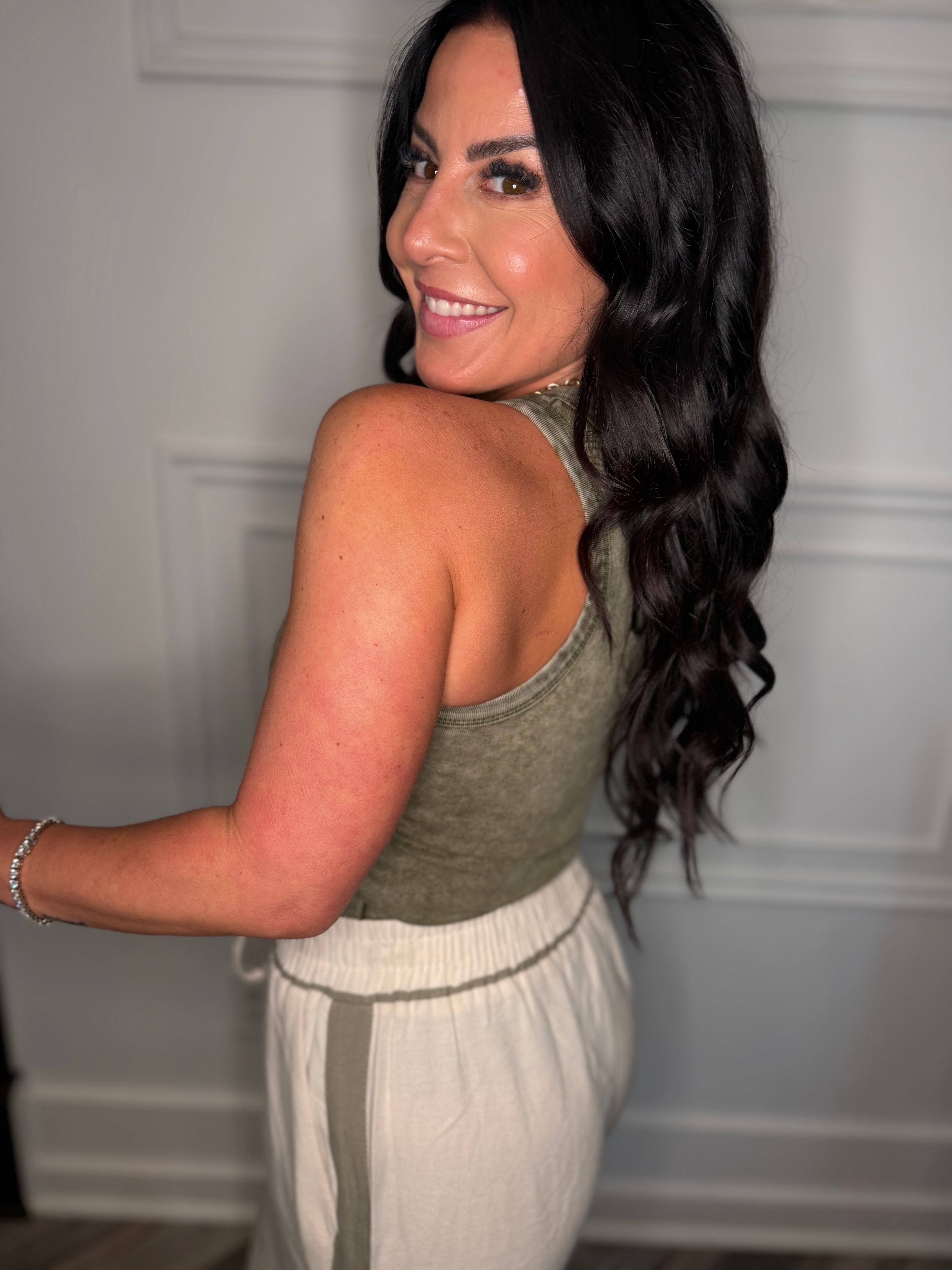 Olive Acid Wash Side Ruched Tank