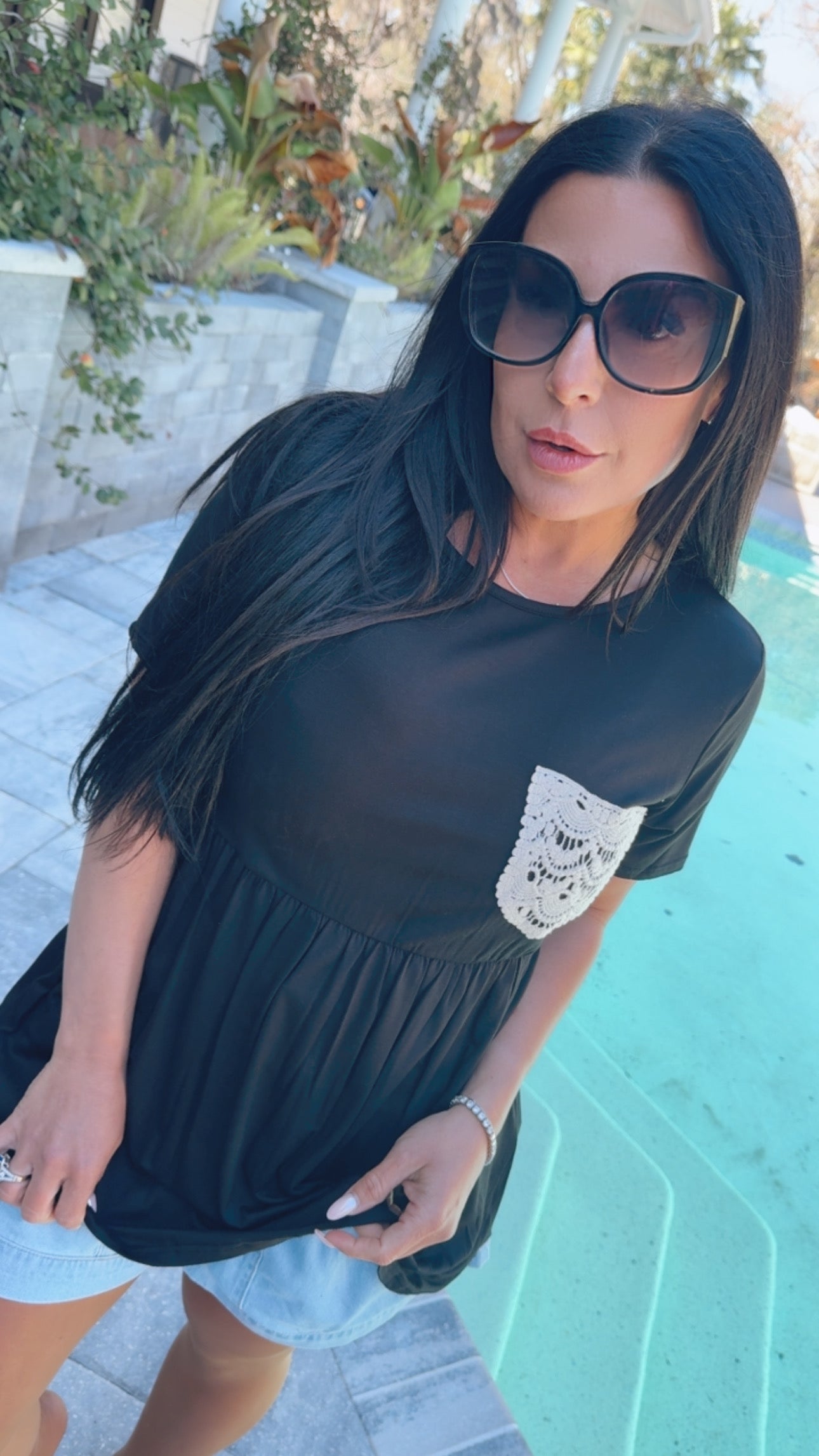 Heaven Soft Black Top with Crochet Lace Pocket