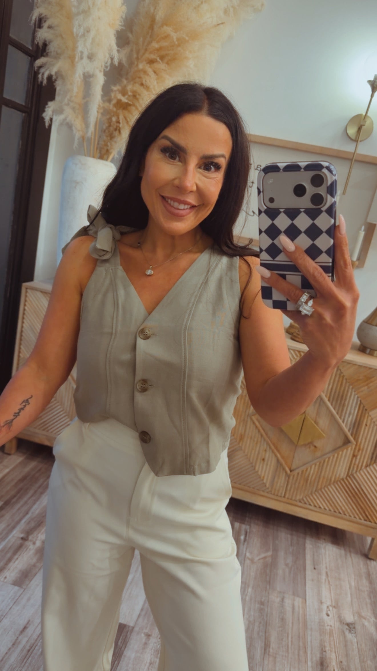 Olive Button Up Vest Top