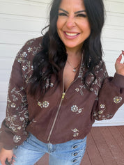 Chocolate Suede Silver Embellished Zip-Up Jacket