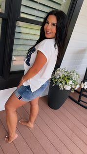 Risen Medium Wash Cuffed Mid Rise Jean Shorts