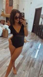 Sassy Black One Piece Ruffle Sleeve Mesh Cut out Bathing Suit