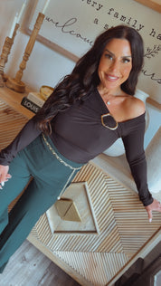 Black and Gold Buckle Long Sleeve Bodysuit