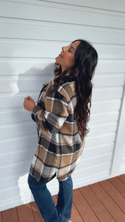 Chic Plush Brown White and Black Plaid Shacket