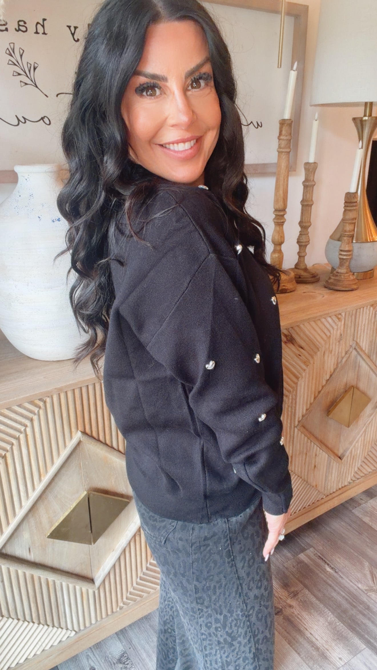 “Heart of Gold” Luxe Ultra Soft Black and Silver Heart Studded Sweater