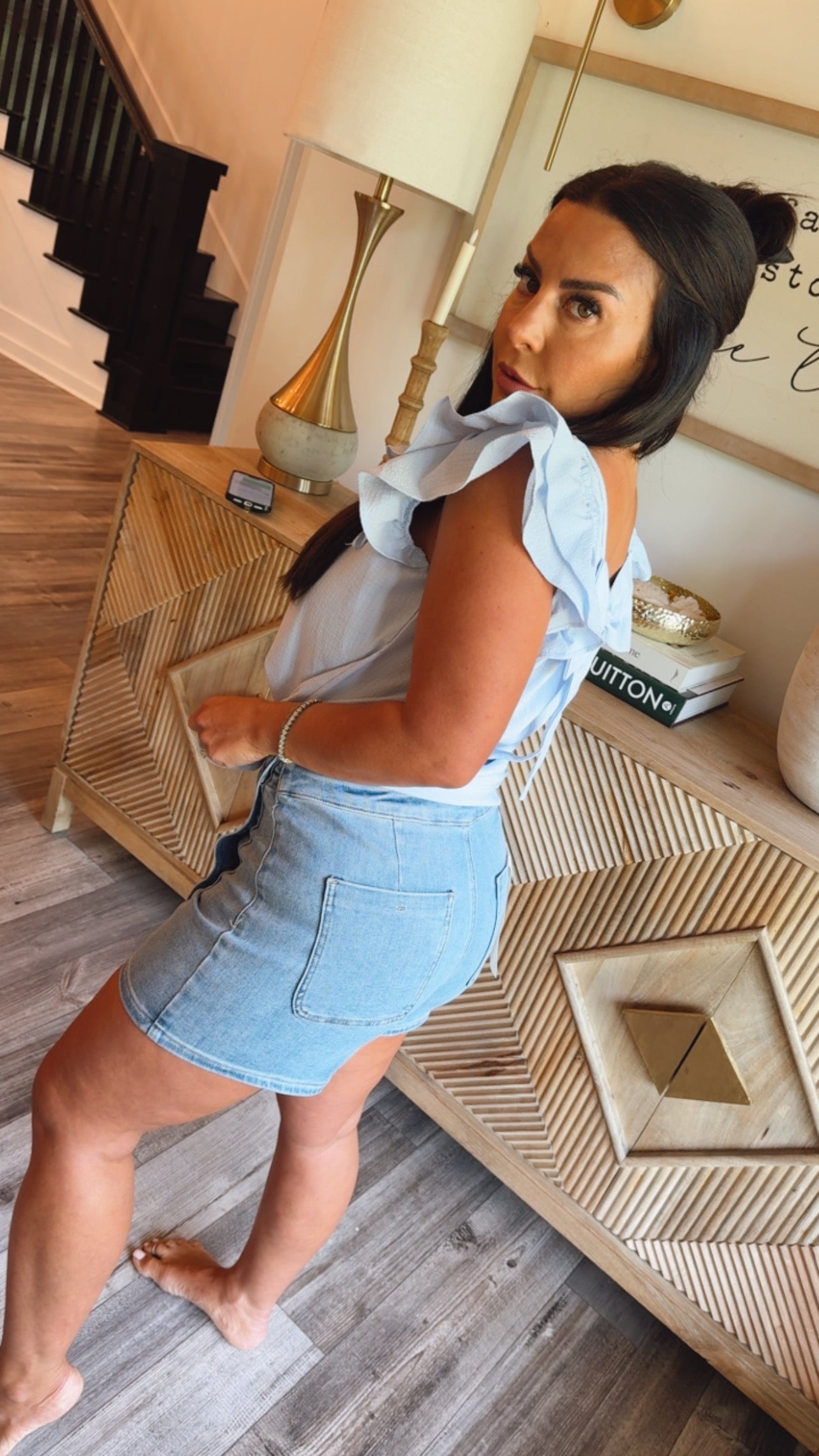Risen Light Wash High rise Button Down Skort
