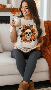 Skull w/leopard bow Tan Halloween Graphic Tee (collective)