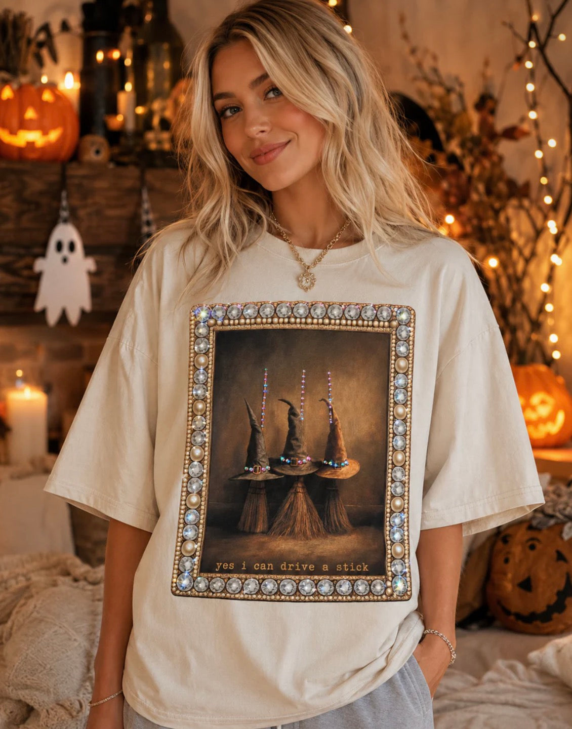 Broomsticks Halloween Graphic Bling Top