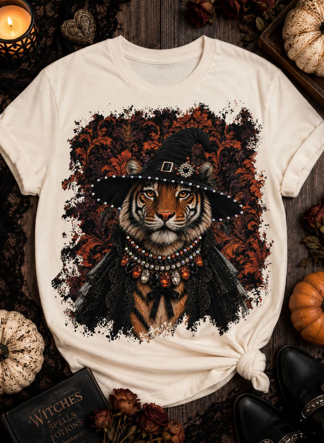 Tiger Witchhat Halloween Graphic Bling Top