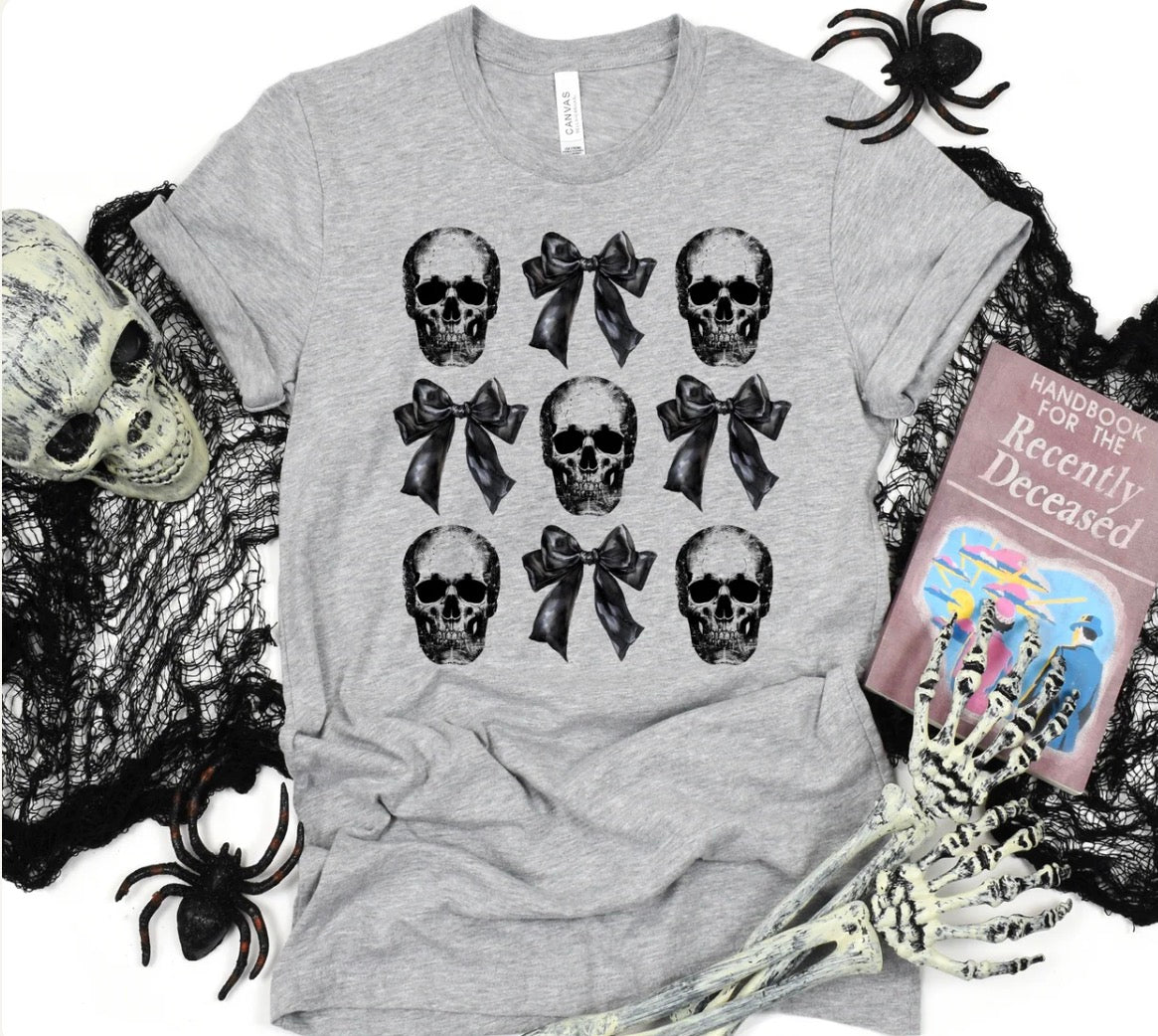 Black and Grey Skulls and Bows Halloween Grpahic Top