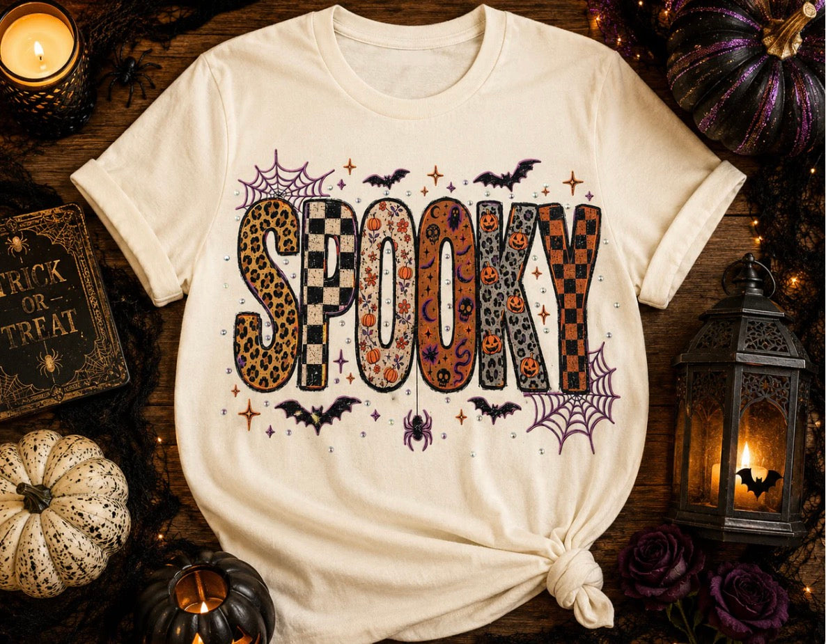 Spooky Cream Halloween Graphic Bling Top