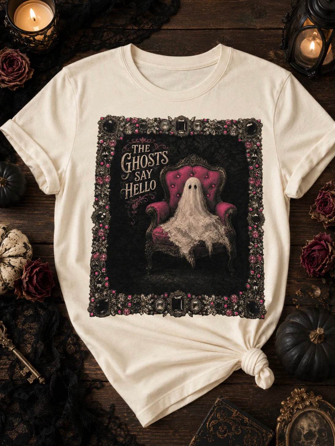 The Ghosts Say Hello Halloween Bling Graphic Top