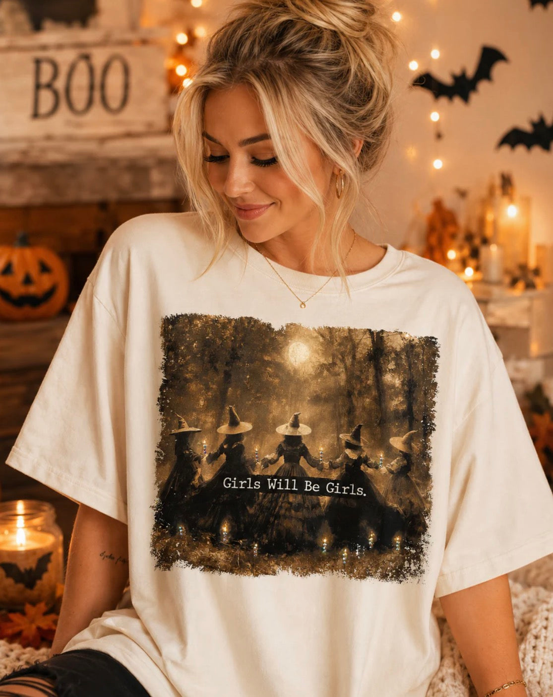 Girls will be Girls  Halloween Graphic Bling Top