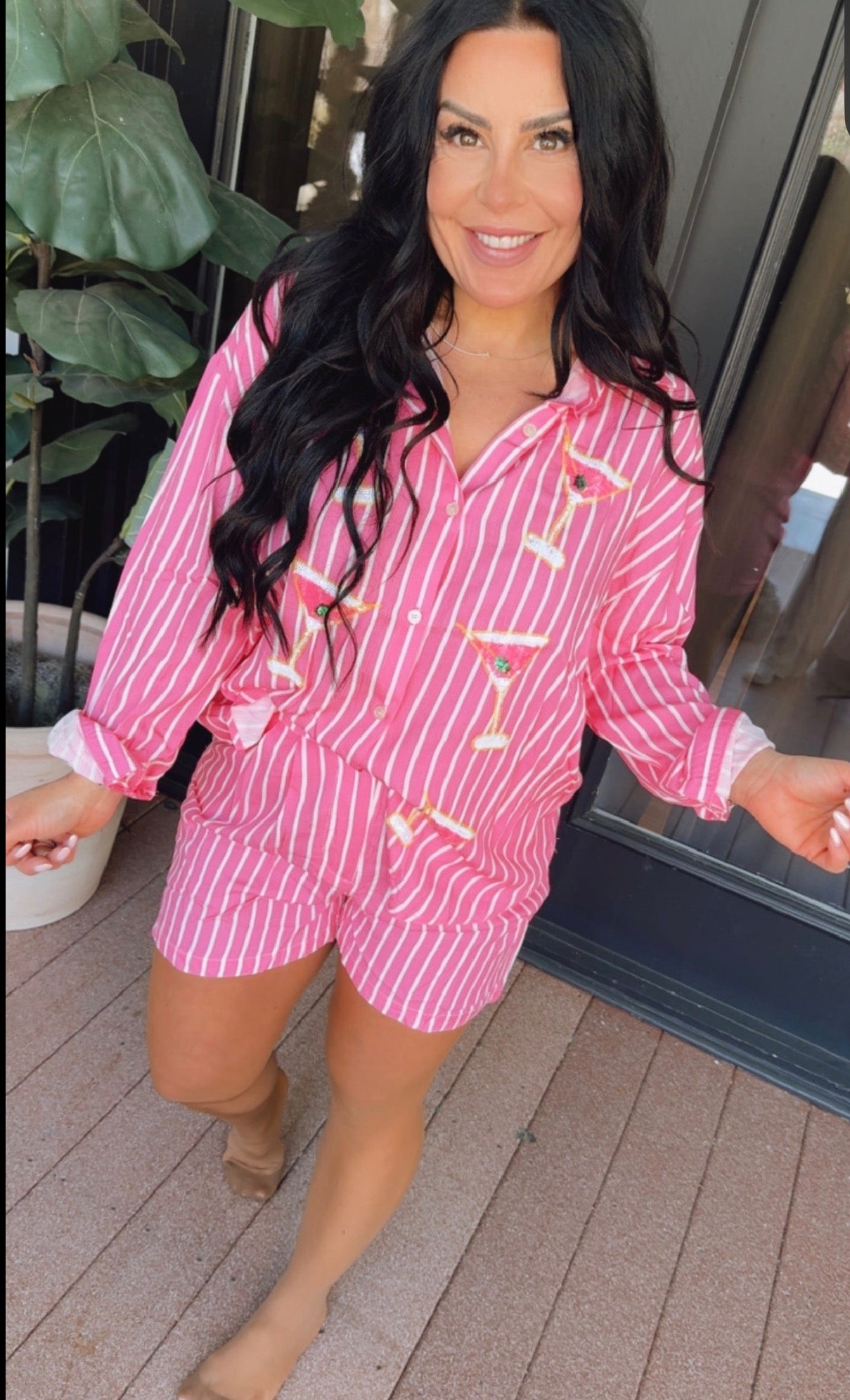 Pink White Striped Button Up  Margarita Sequin Top