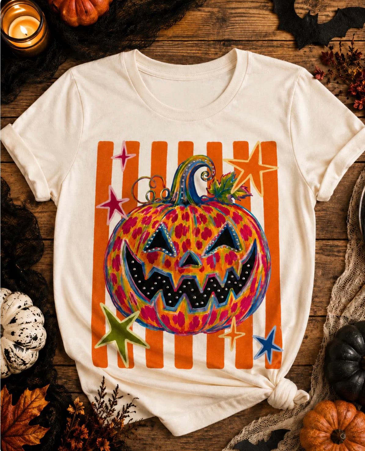Cream Jack o Lantern Halloween Graphic Bling Top