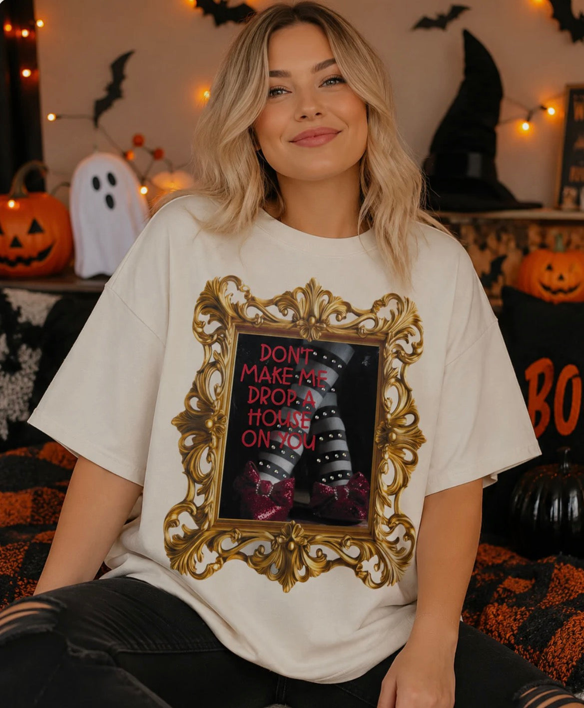 Don't Make Me Drop a House on You Mirror Graphic Bling Top
