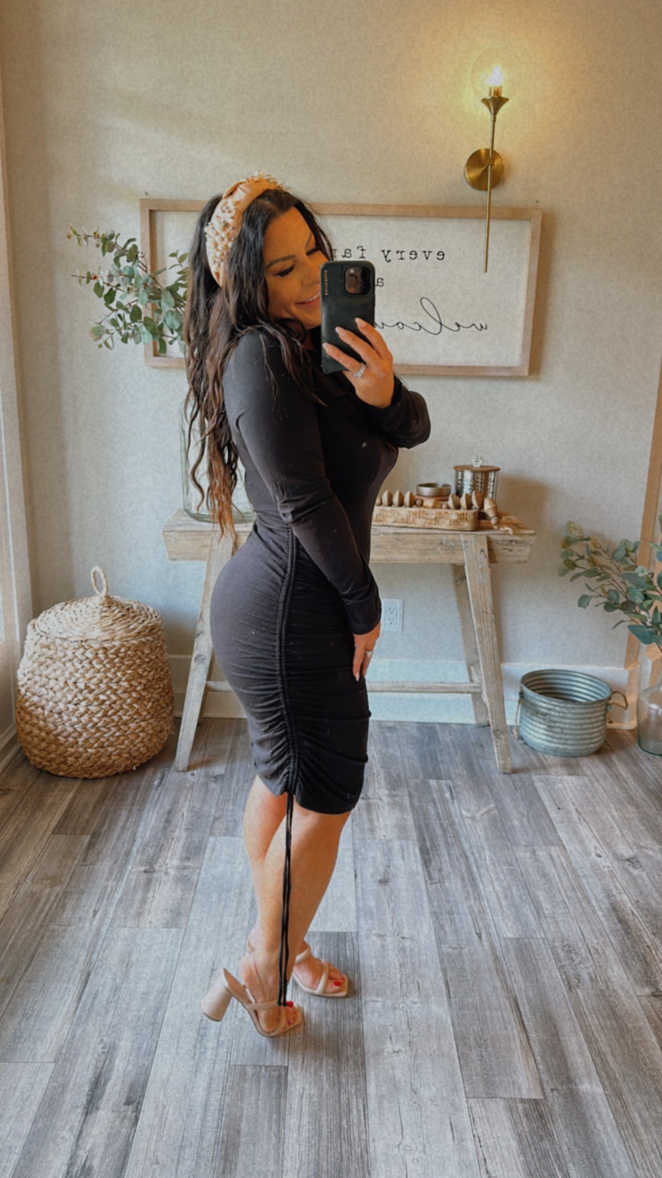 Sassy Black Ruched Button Keyhole Dress