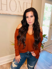 Soft Loose Fit Copper Cold Shoulder Sweater Top