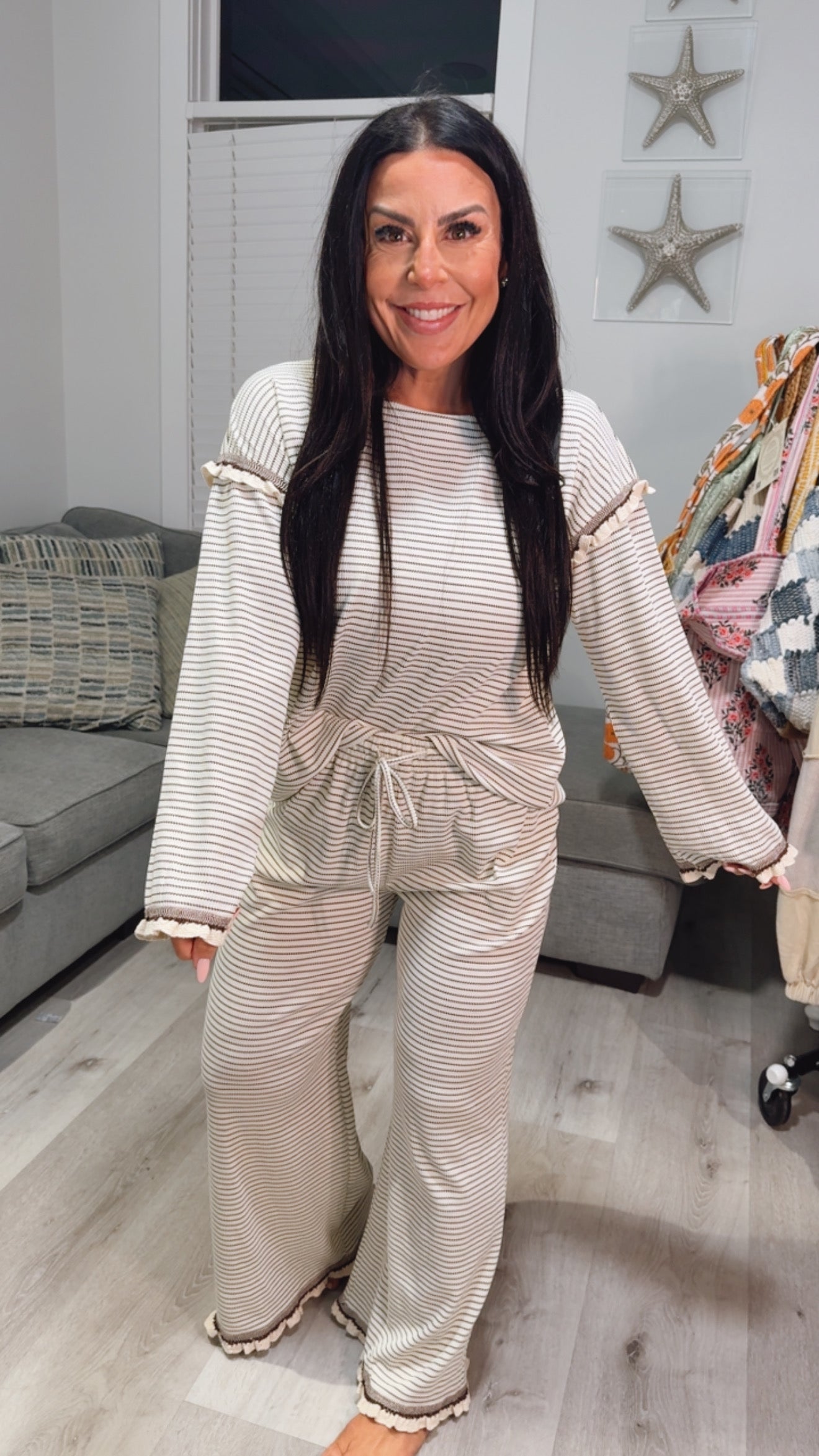 The Greii Chic Cream and Brown Ruffled Bottom Pants
