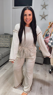 The Greii Chic Cream and Brown Ruffled Bottom Pants