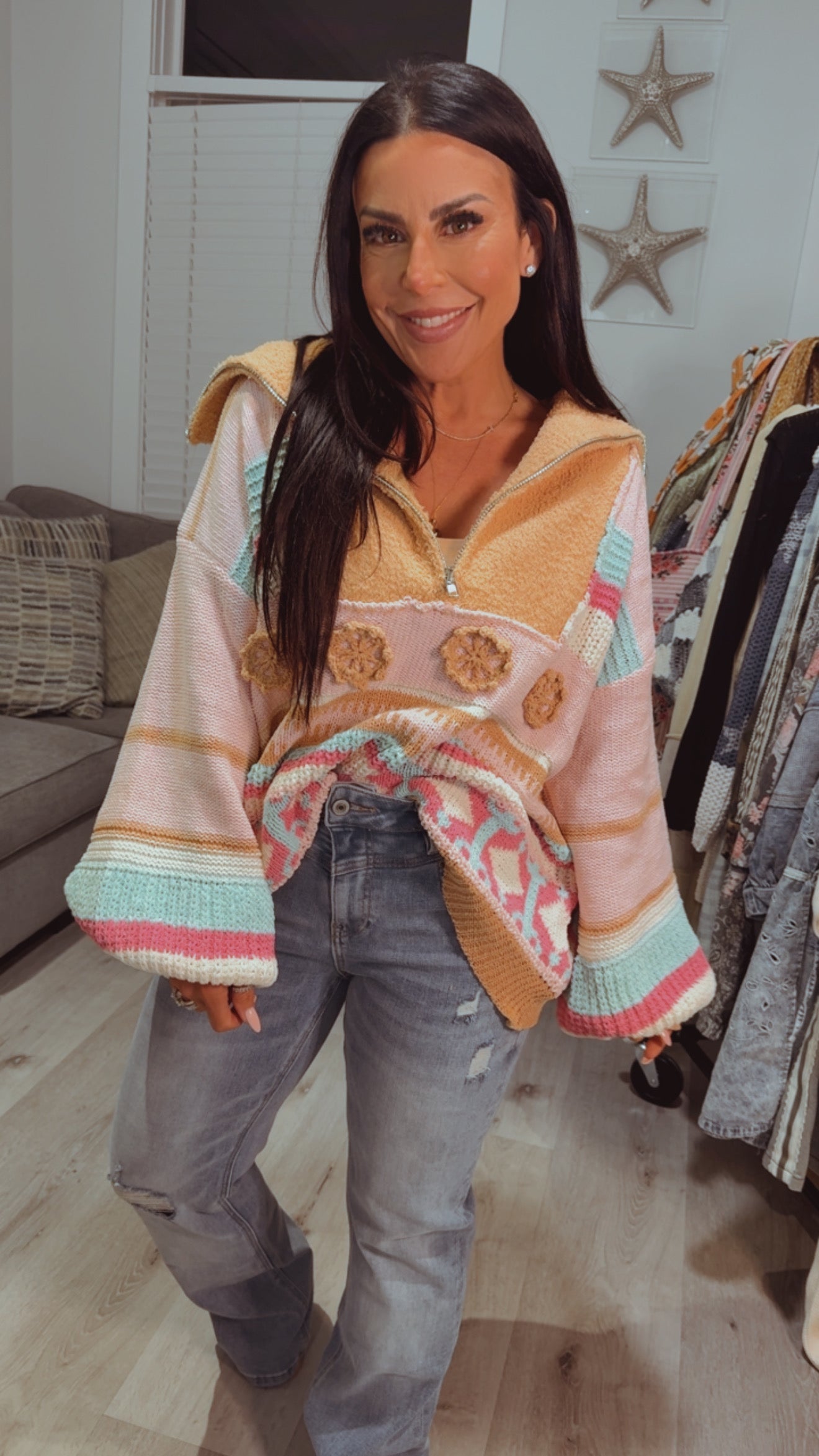 POL Blush Multi Color Stripe 1/4 Zip Sweater