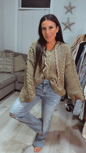 POL Moss Khaki Cable Knit Sweater