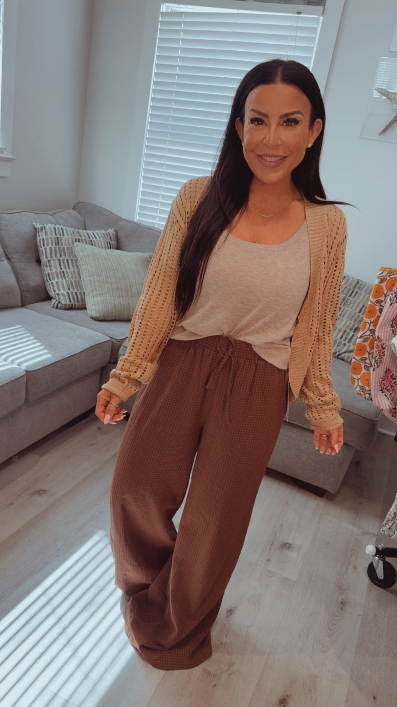 Cozy Co Dark Brown Sublte Gingham Wide Leg Pants