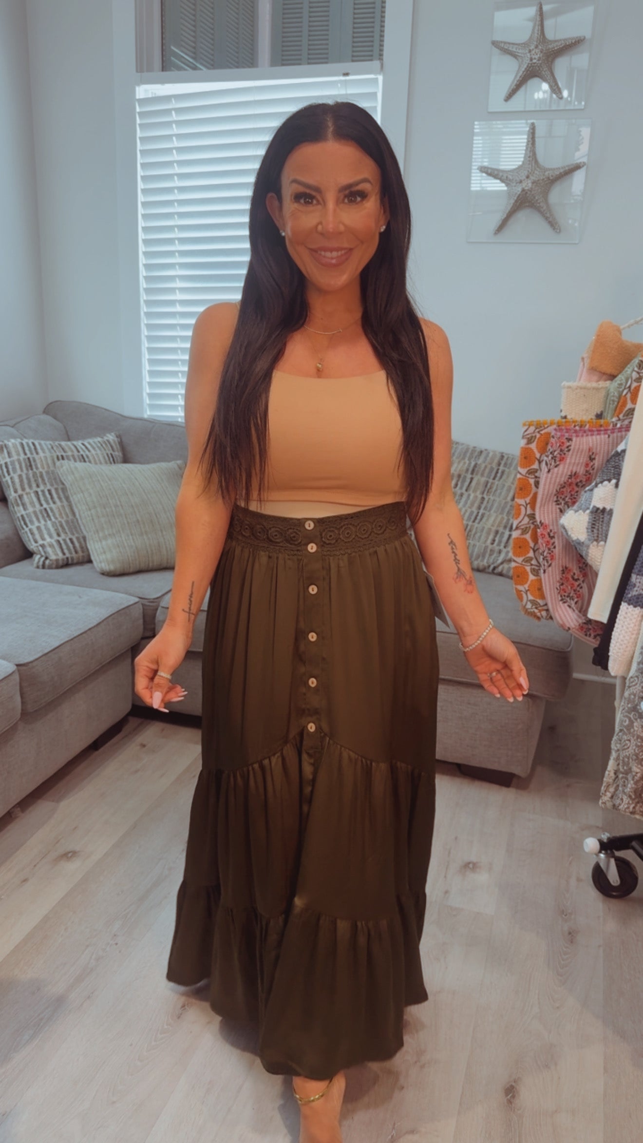 Cozy Co Olive Tiered Ruffled Maxi Skirt
