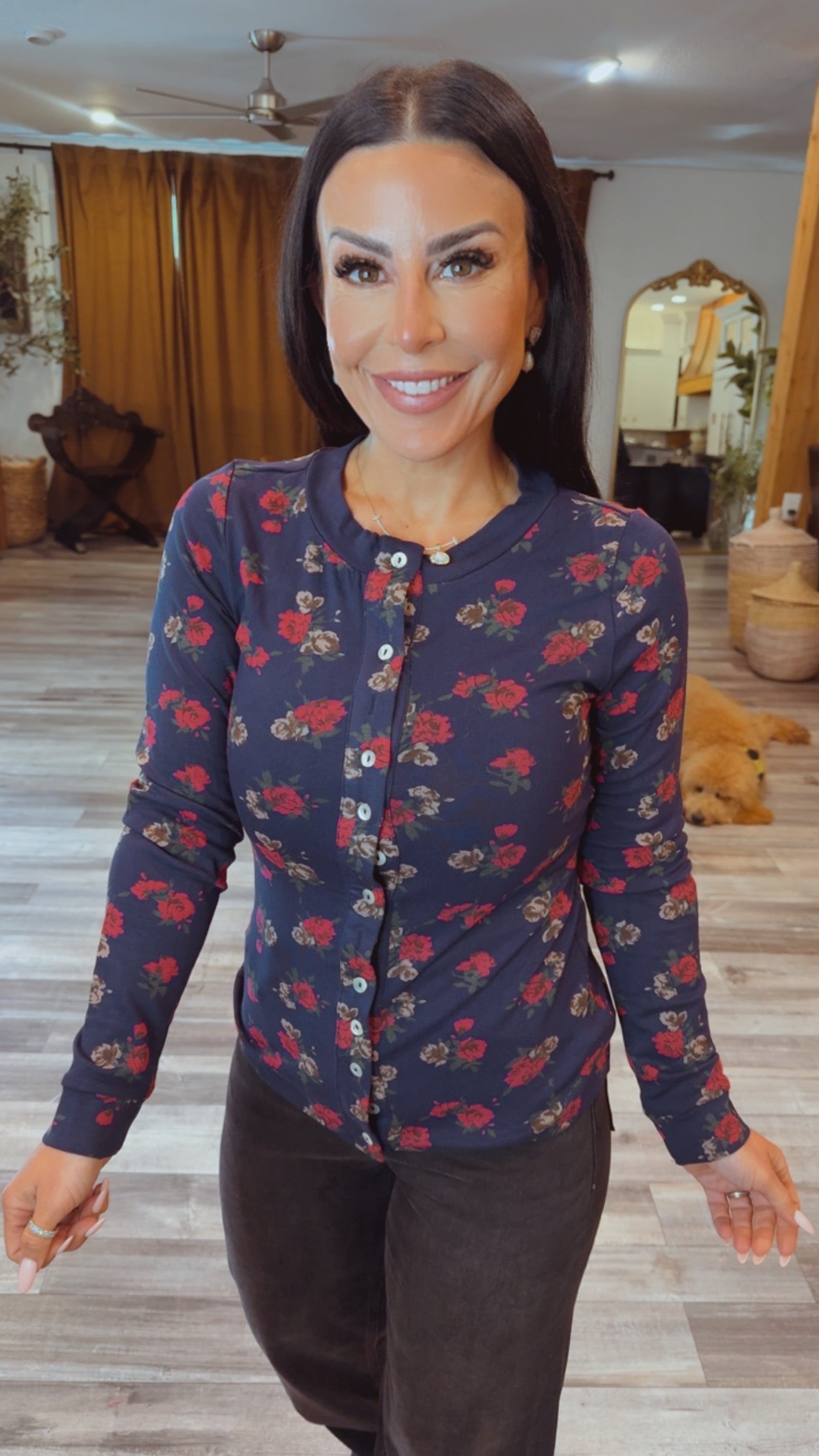 Navy Fuschsia Floral Long Sleeve Top