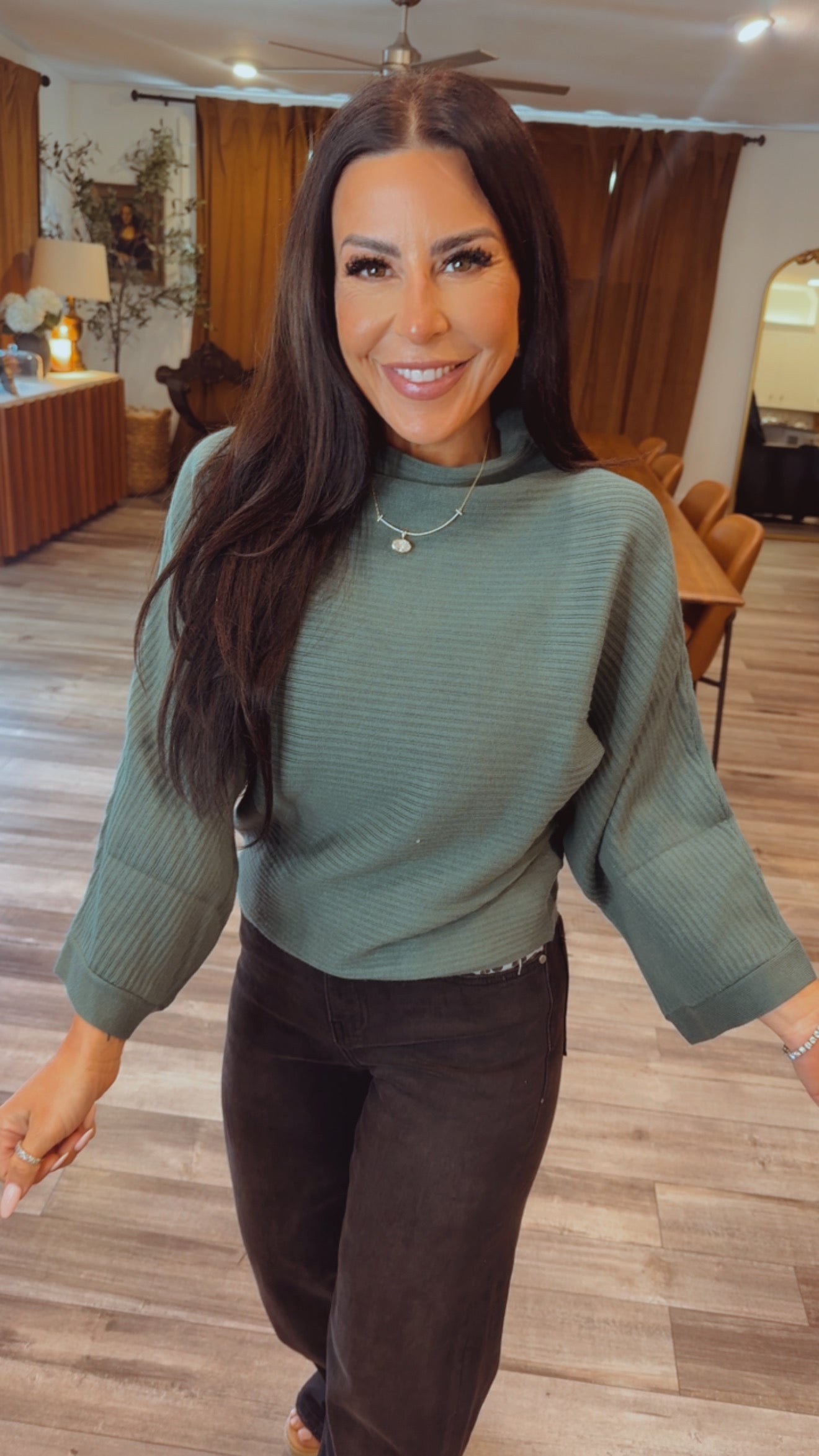 Hunter Green Ribbed Funnel Neck Top