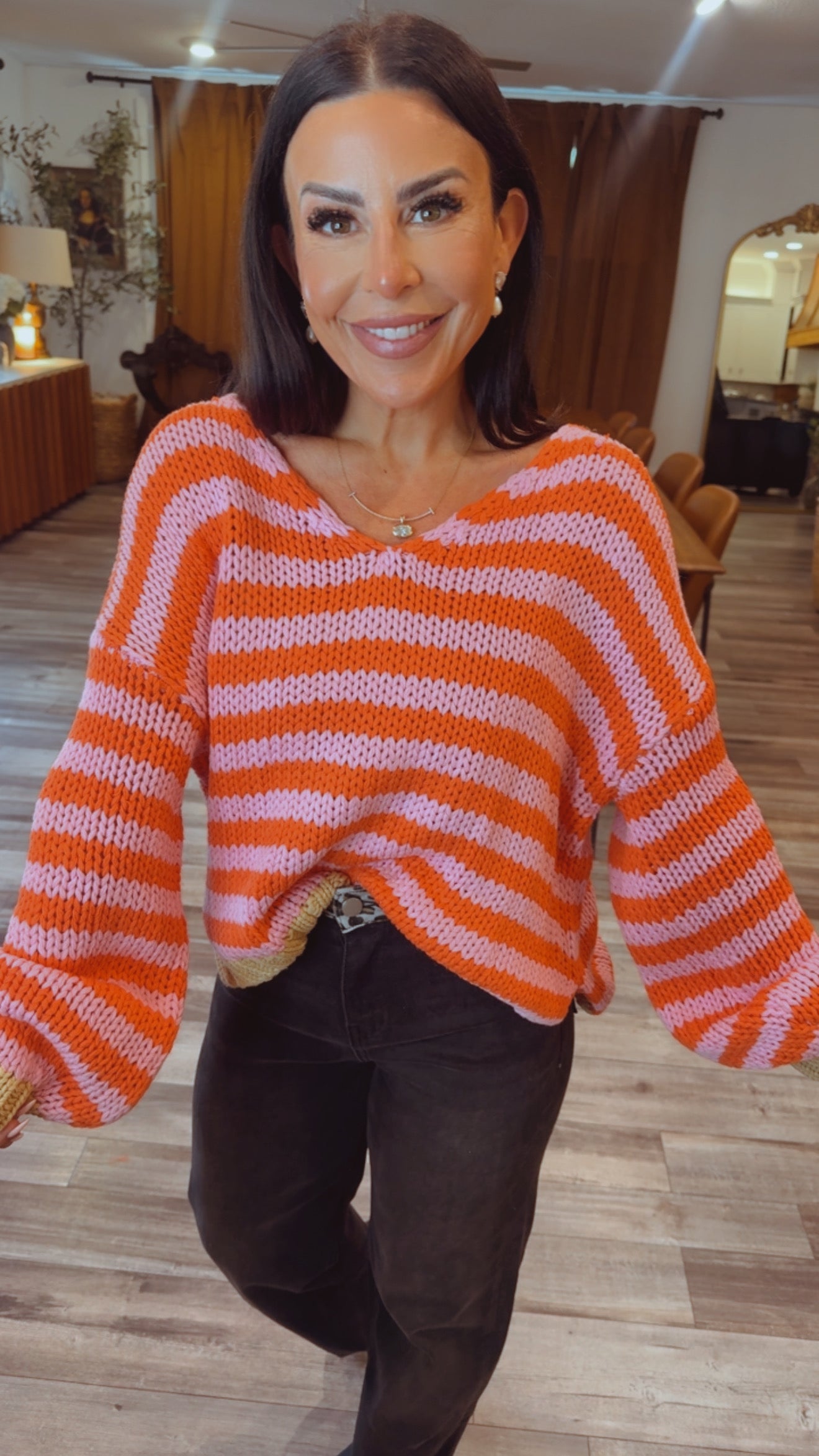 Pink and Orange  Striped Knit Sweater