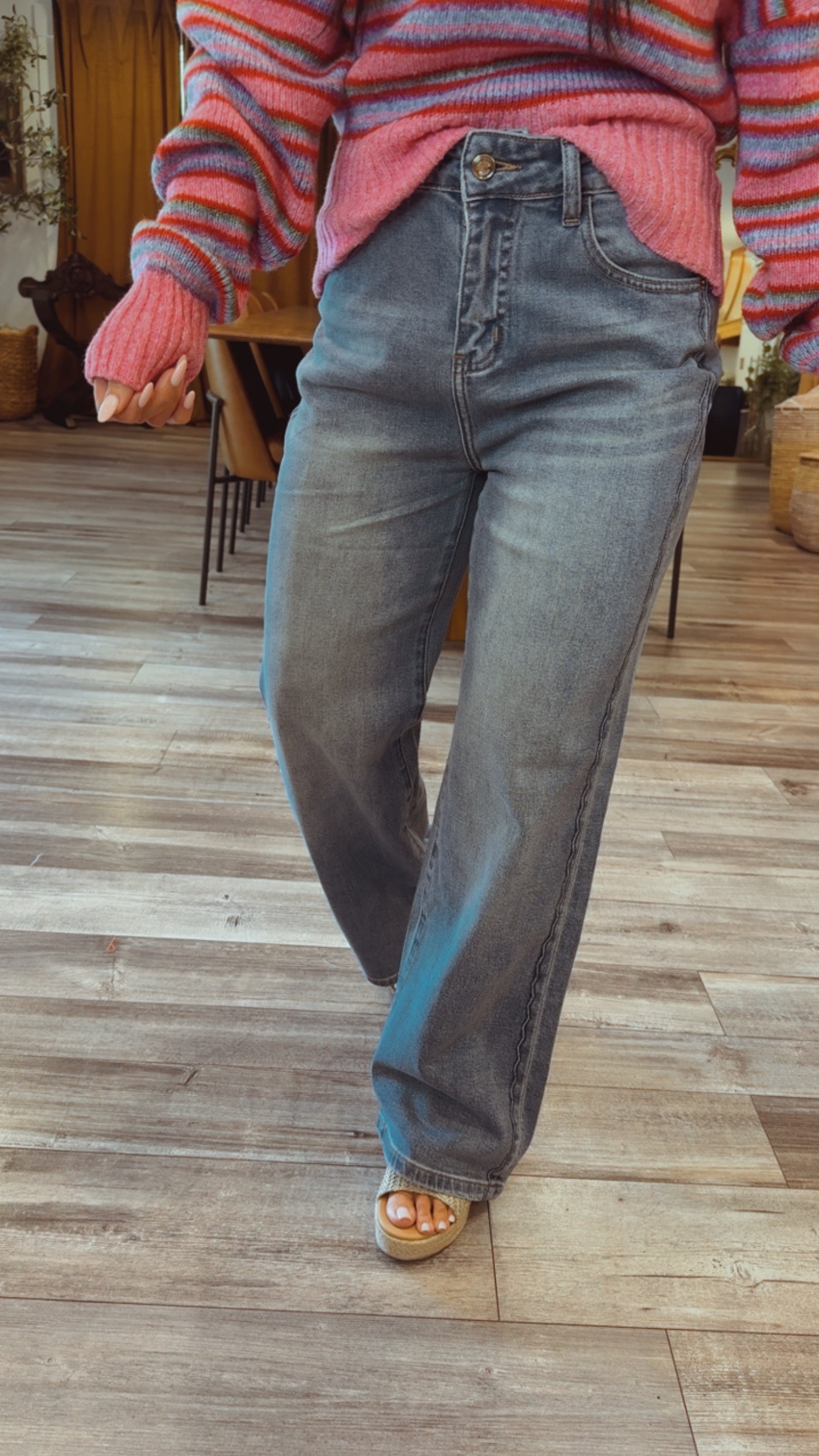 Medium Wash Denim And Lace Jeans