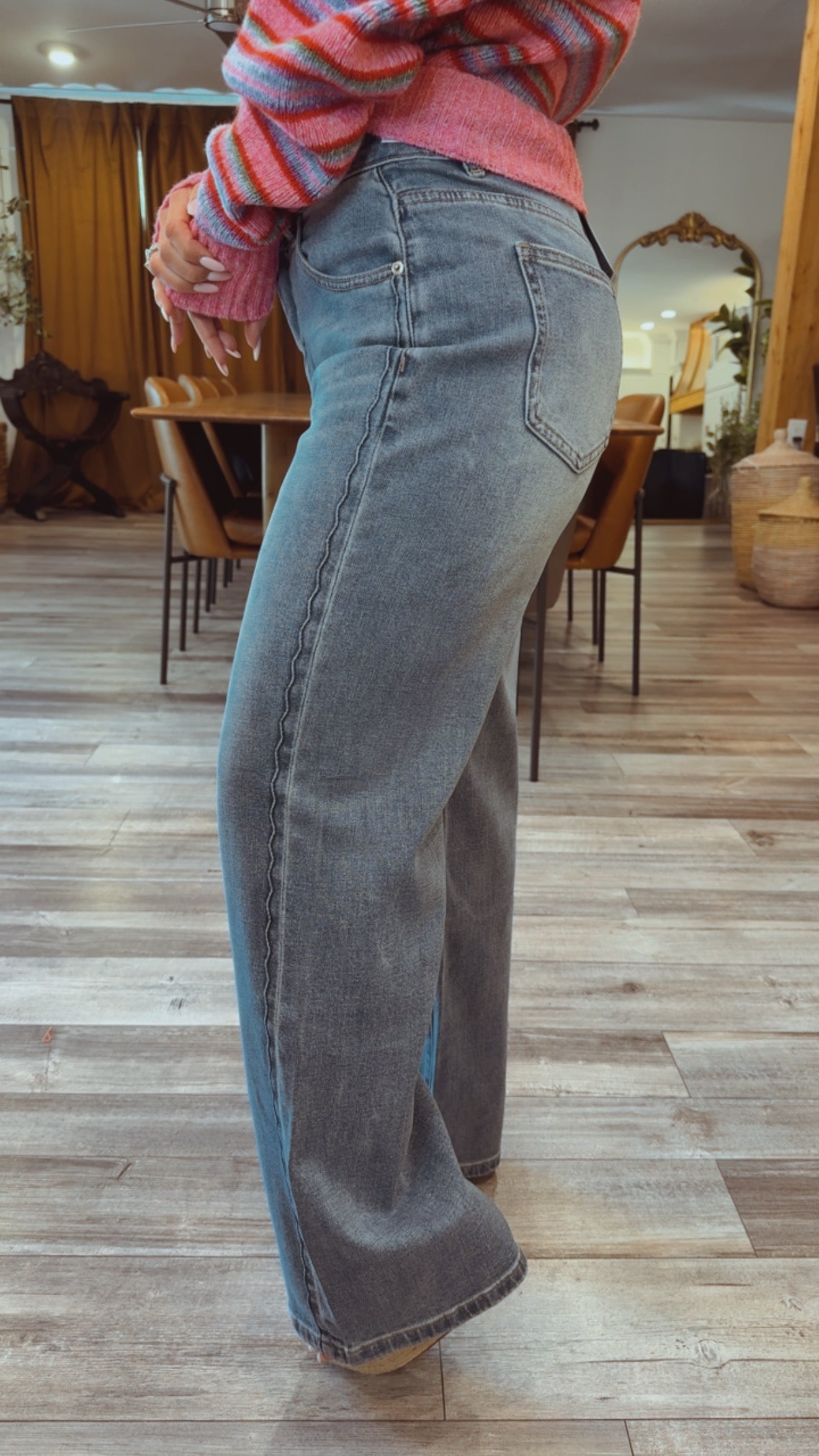 Medium Wash Denim And Lace Jeans