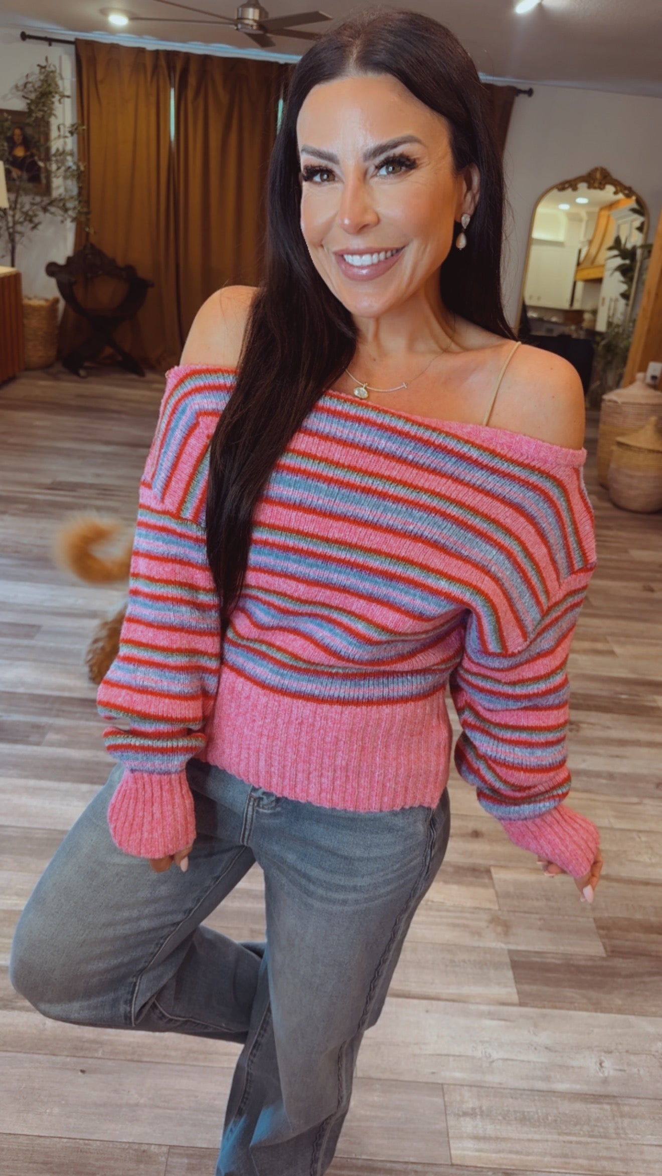 Pink Multi Stripe Off Shuolder Knit Top