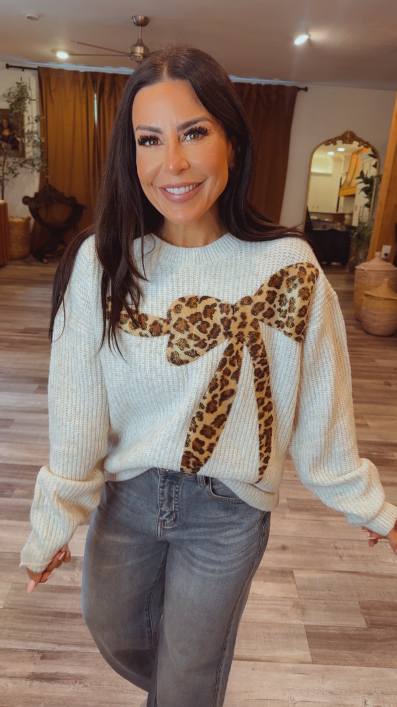 Oatmeal And Cheetah Bow Knit Sweater