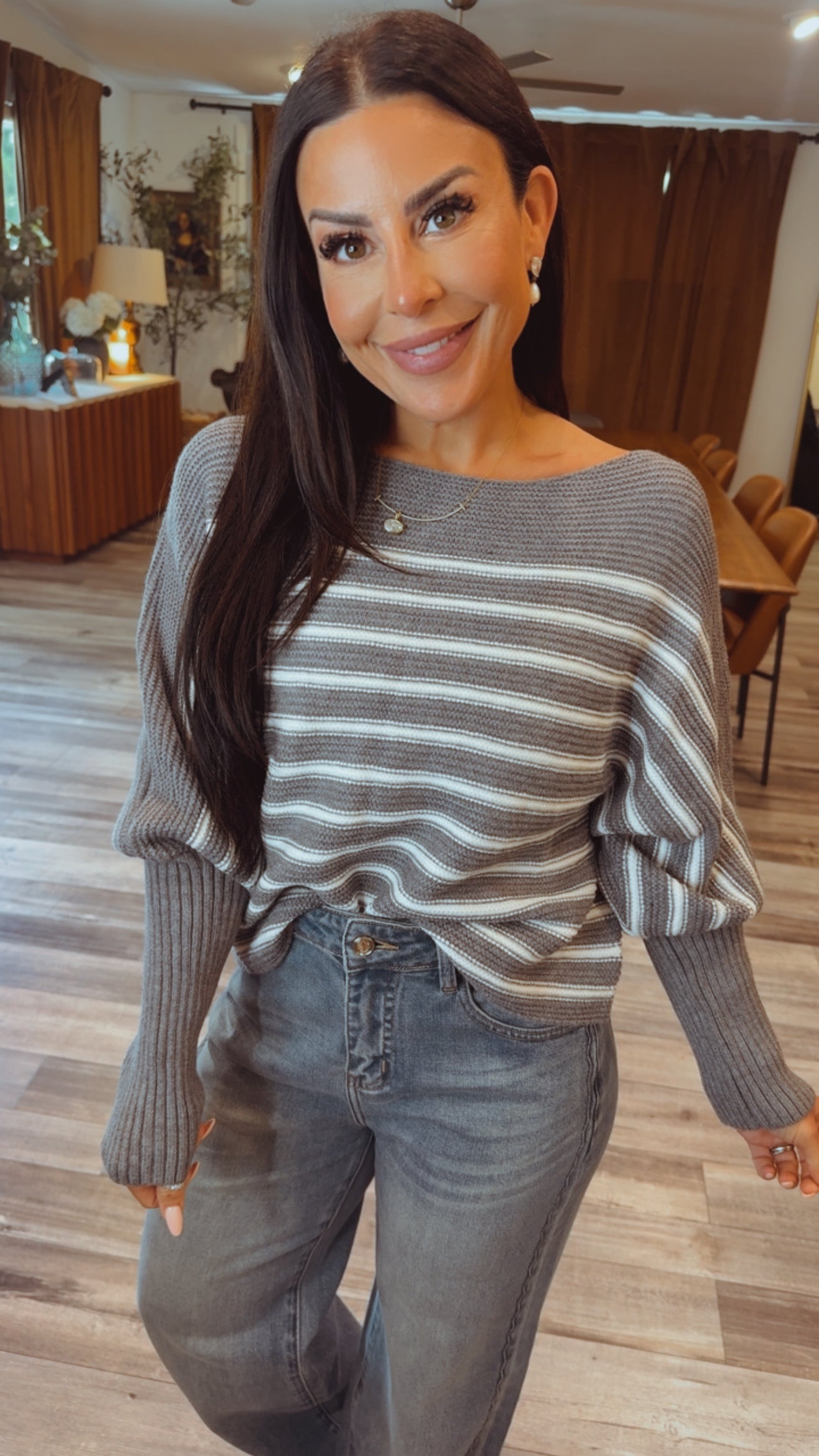 Striped Heather Grey Boatneck Knit  Sweater