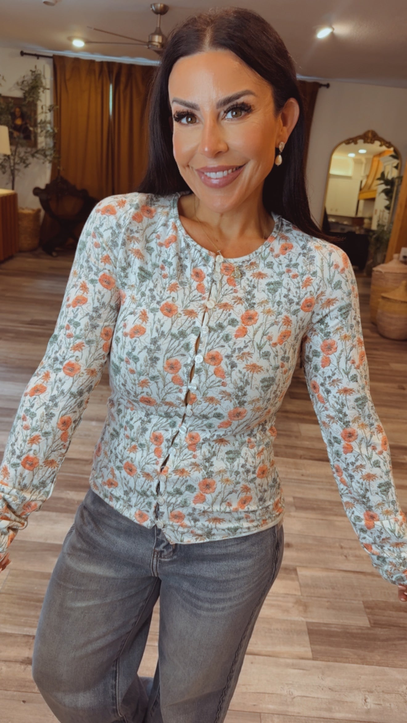 Floral Chic Long Sleeve Top White and Green