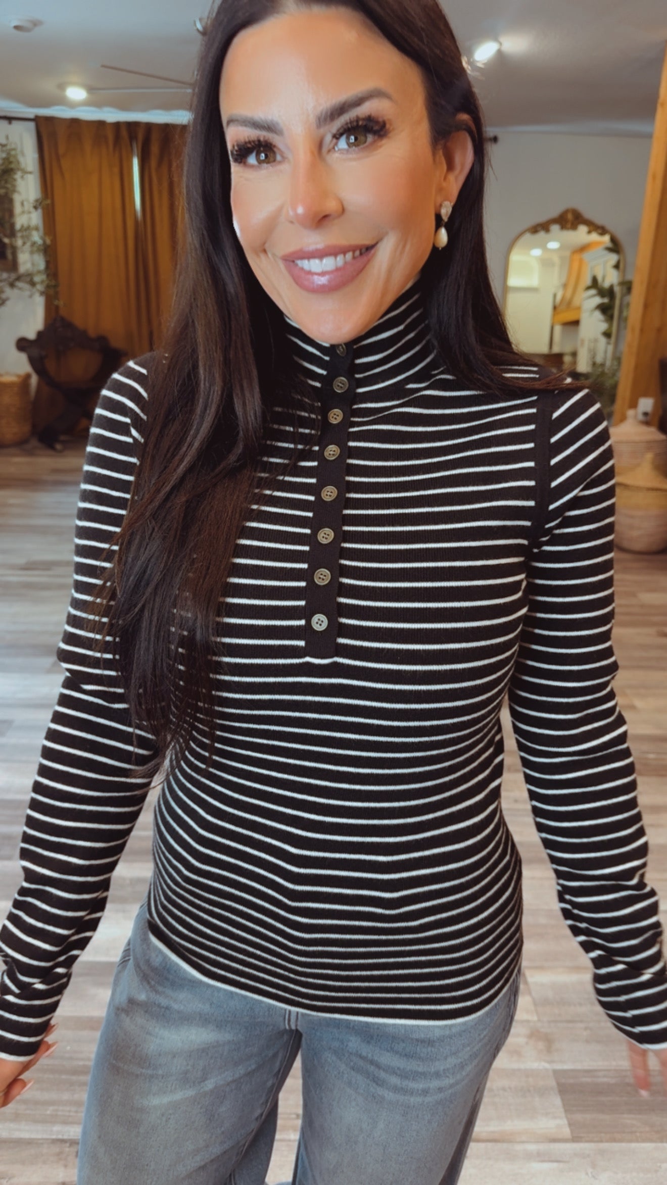 Chic Black and White Striped Polo Sweater