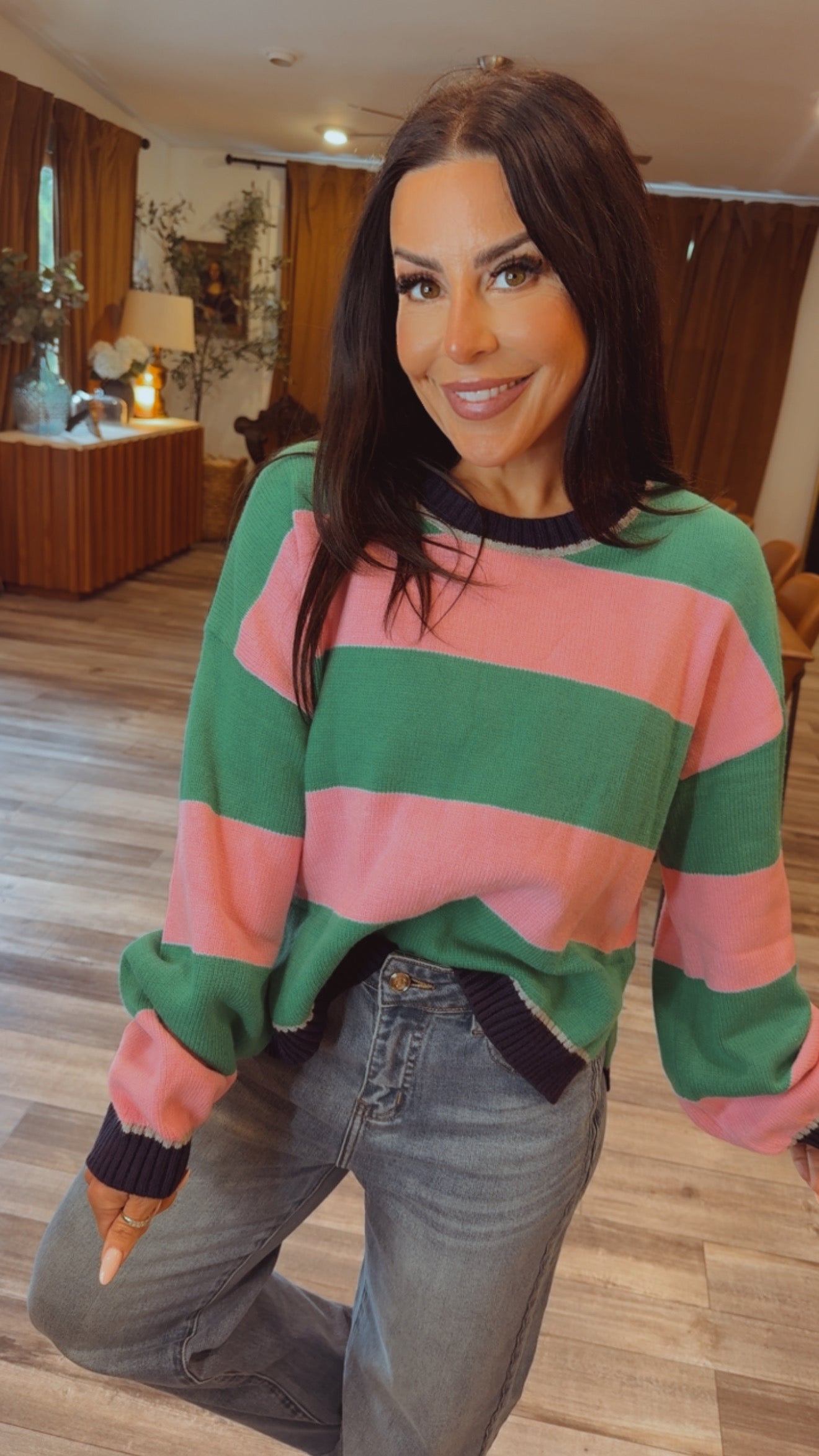 Pink and Green Striepd Colorblock Sweater