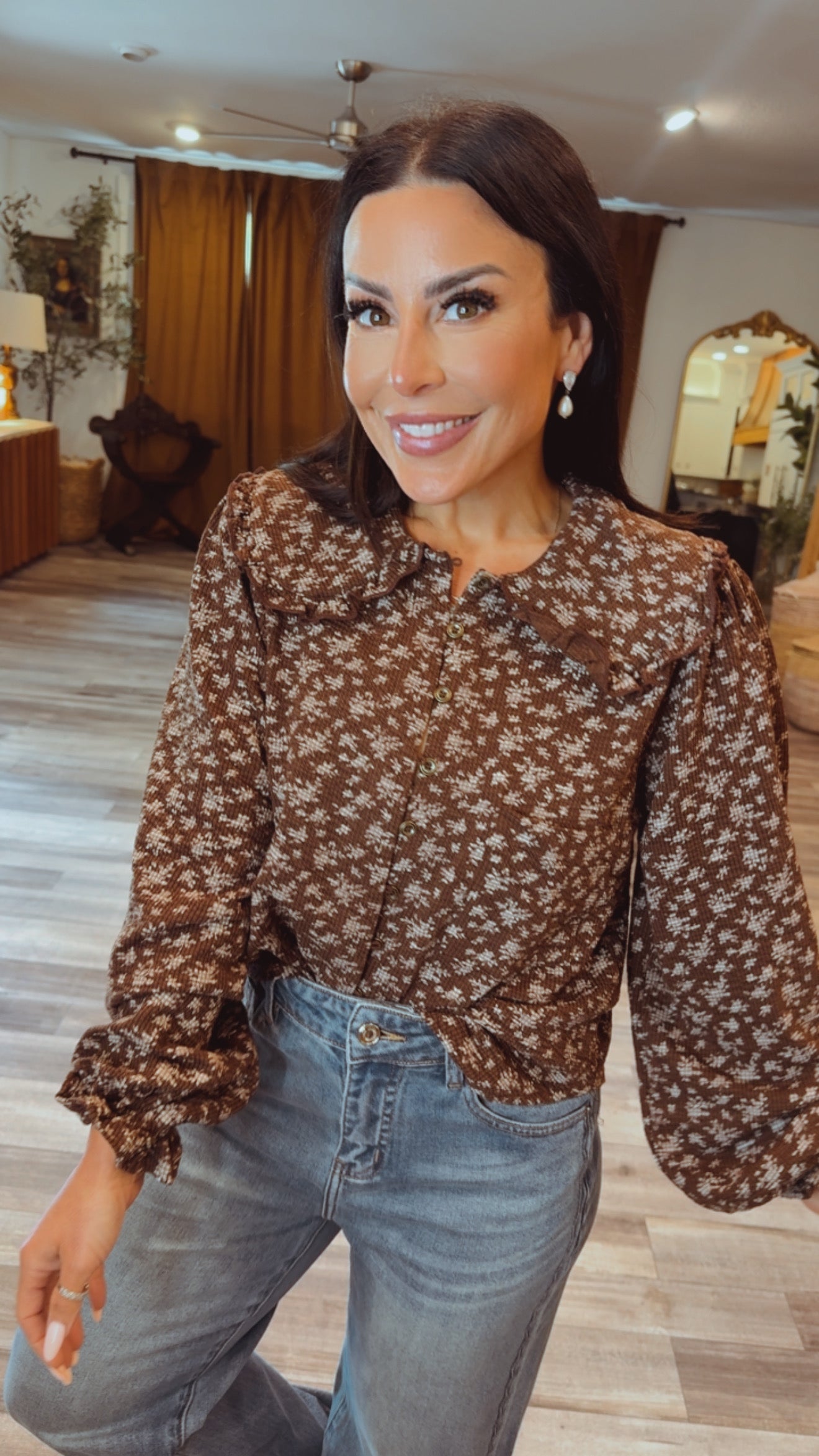 Long Sleeve Brwon and Floral Blouse