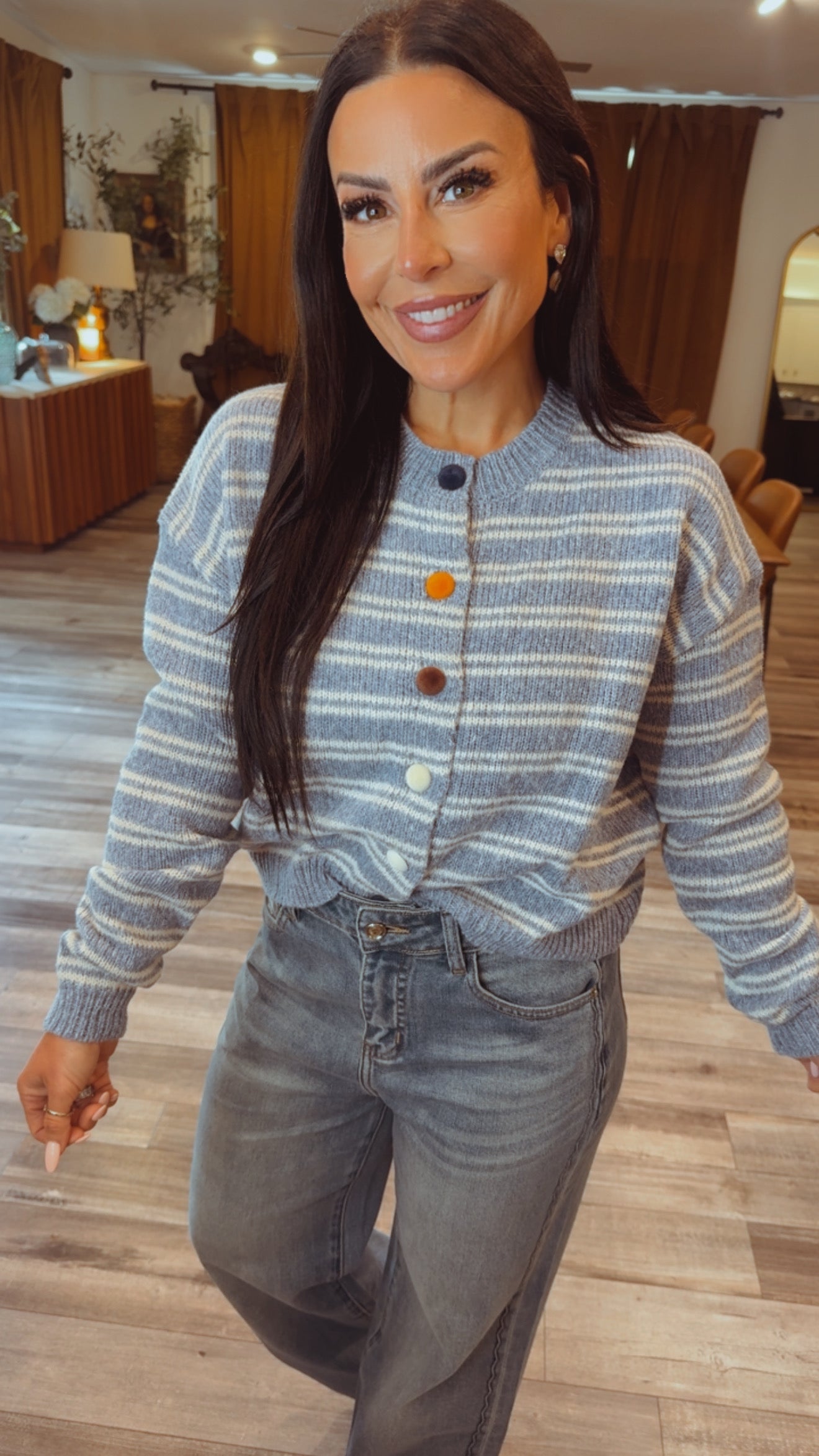 Denim and Off White Striped Crewneck Button Down Cardi