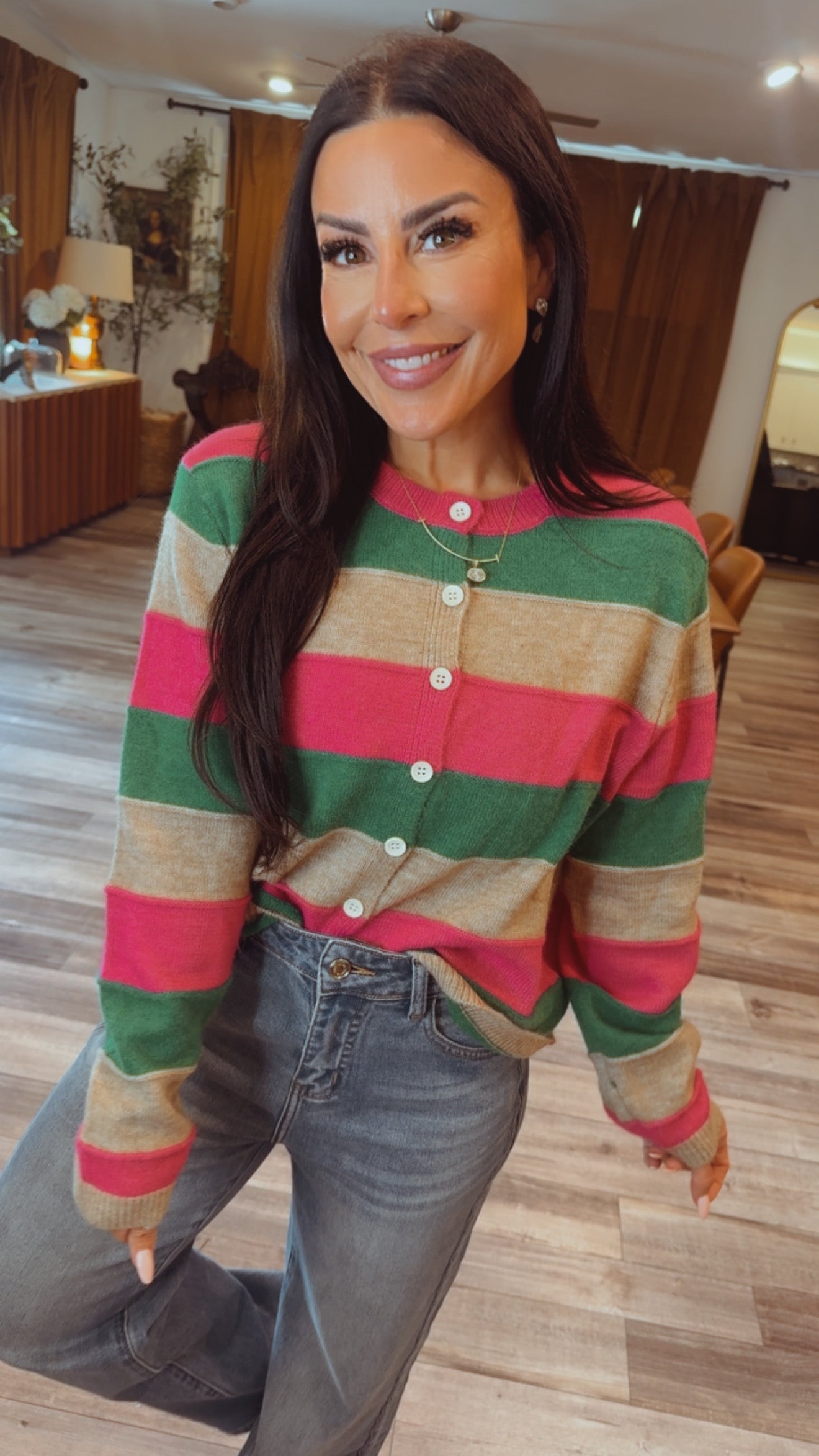 Color Block Striped Button up Cardi Pink and Green