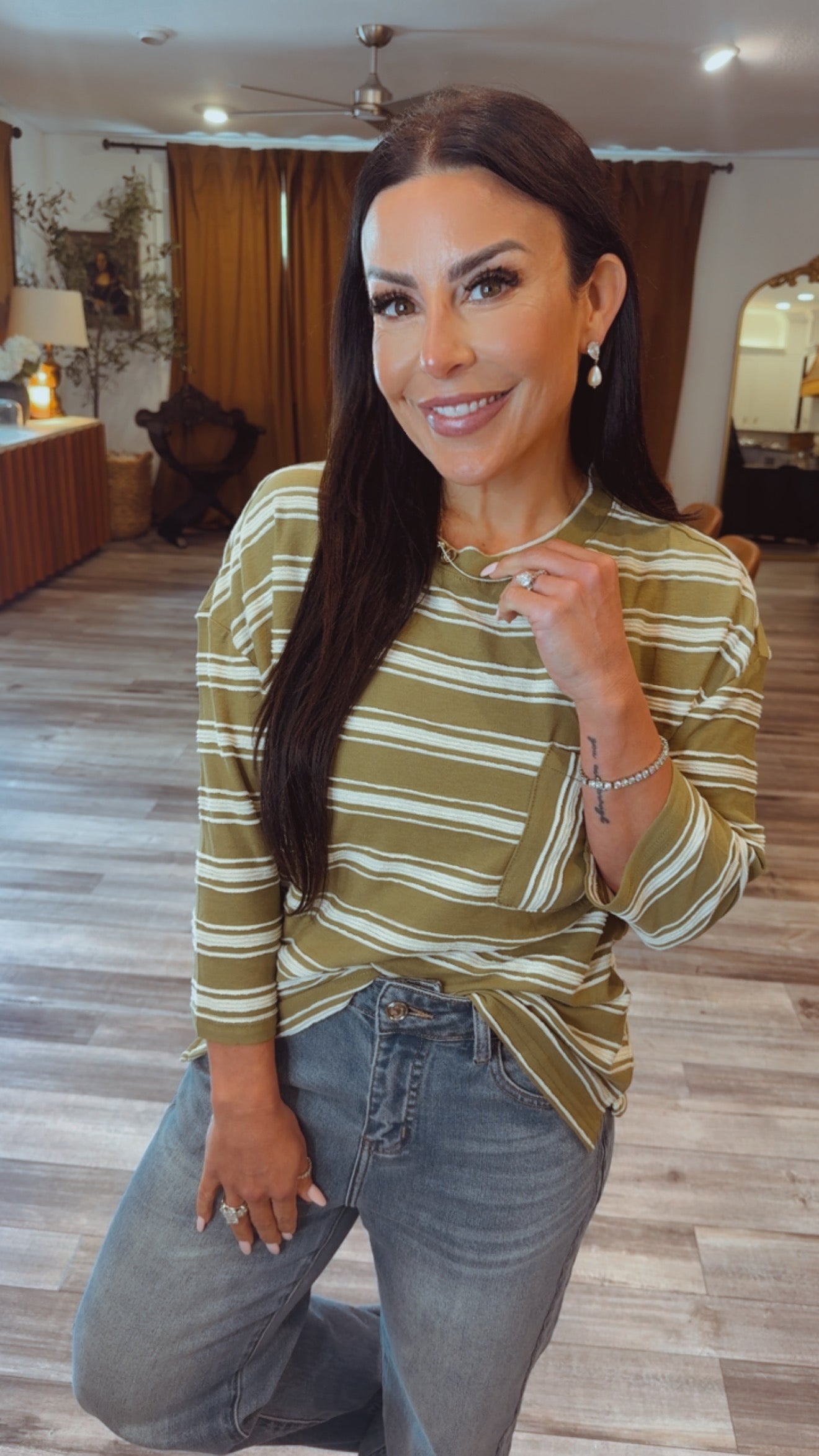 Olive and Cream Striped Pocket Top