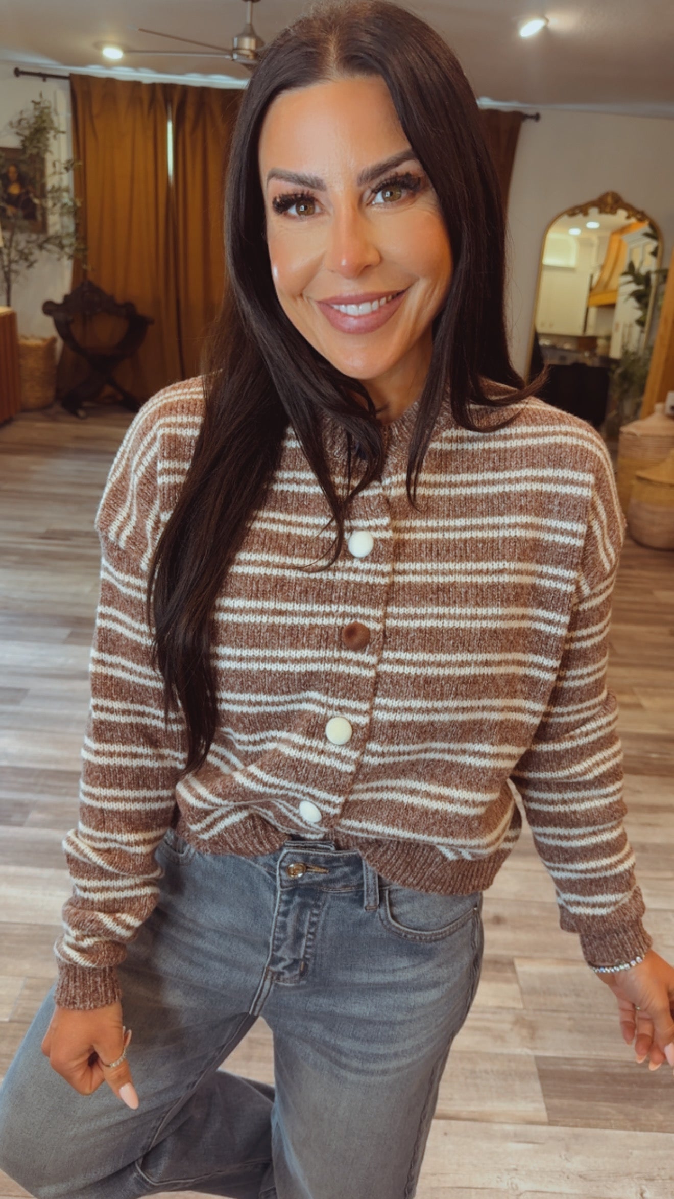 Brown and Off White Striped Crewneck Button Down Cardi
