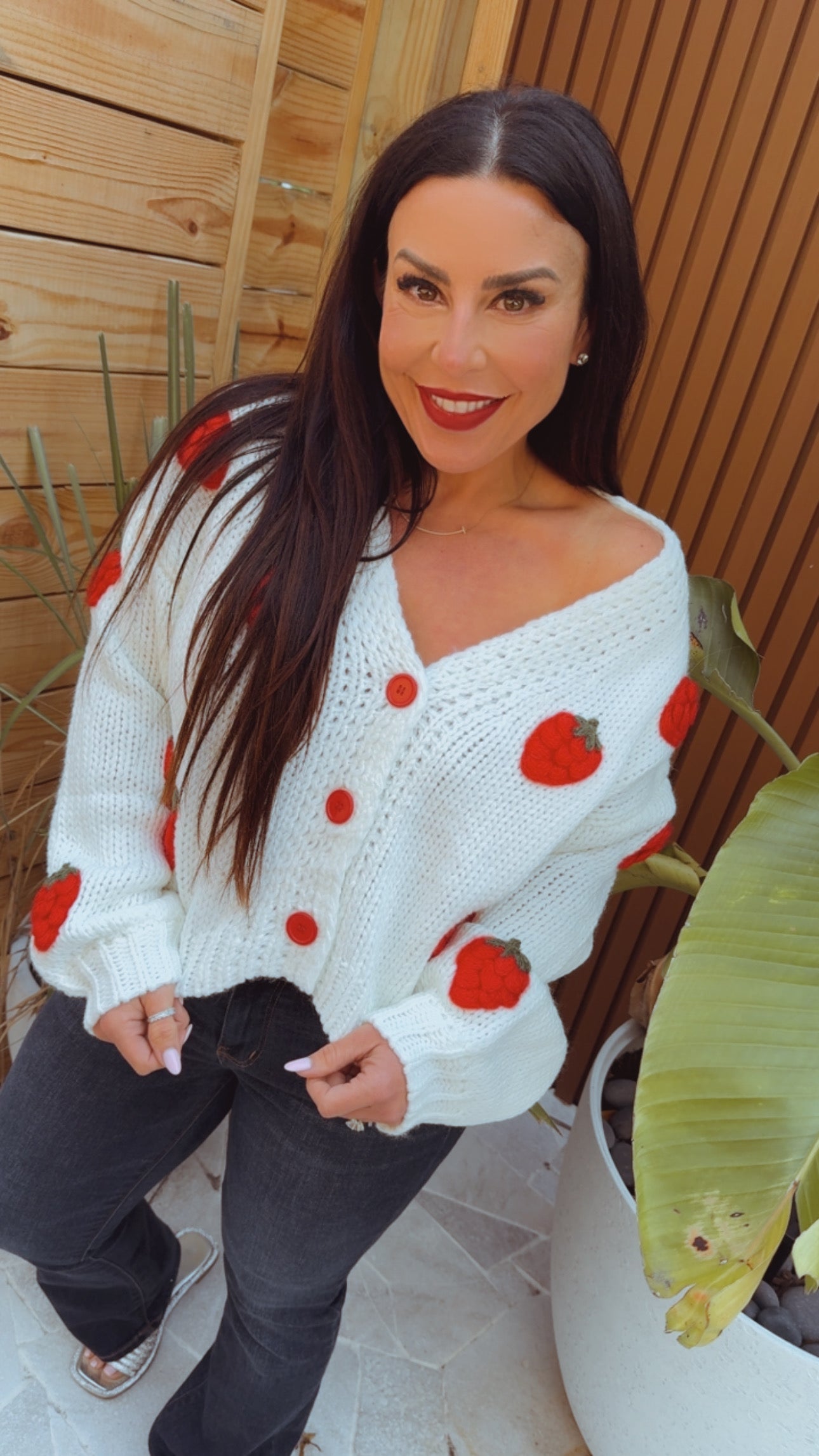 Chic White Strawberry Button Cardi Sweater