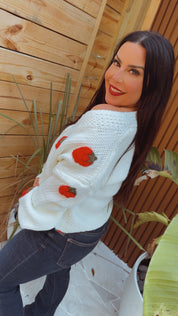 Chic White Strawberry Button Cardi Sweater